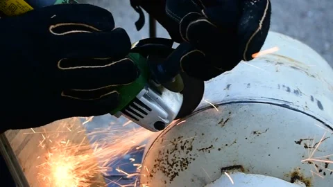 Removing Propane Tank Top With Angle Grinder Stock Footage 161851185