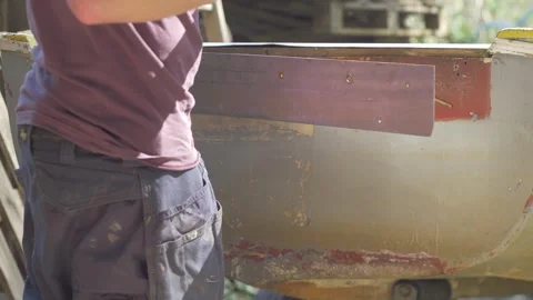 Removing steel transom engine mount plate on fiberglass boat Stock Footage 314366385