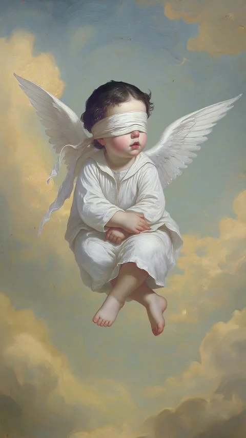 Renaissance angel child with blindfold floating at sky Stock Footage 342278653