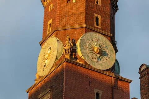 Renaissance clock tower with astronomical dials at sunset. The Old Town Hal.. Stock Photos