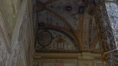 Renaissance frescoed ceiling with patterns and emblems, Florence Italy Stock Footage 314982340