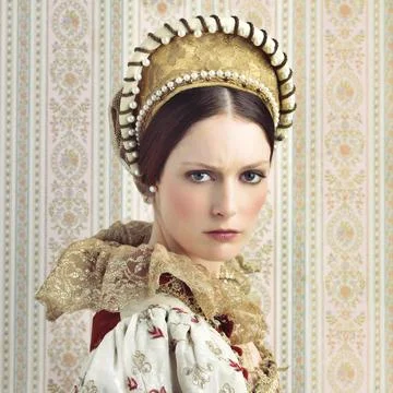 Renaissance, royalty and portrait of Victorian queen for luxury, history and Stock Photos