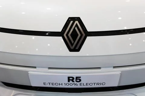 Renault 5 E-Tech EV front logo and model plate at ECAR Show 2026 Stock Photos