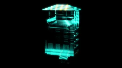 Render 3D animation of the model house on a black background future technology Stock Footage 248919187