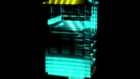 Render 3D animation of the model house on a black background future technology Stock Footage 248919244