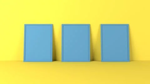 Render of 3D Blank Picture Frames on Empty Wall Ilustración de archivo