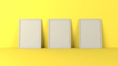 Render of 3D Blank Picture Frames on Empty Wall Stock Illustration