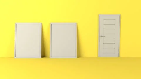 Render of 3D Blank Picture Frames on Empty Wall Illustrazione stock