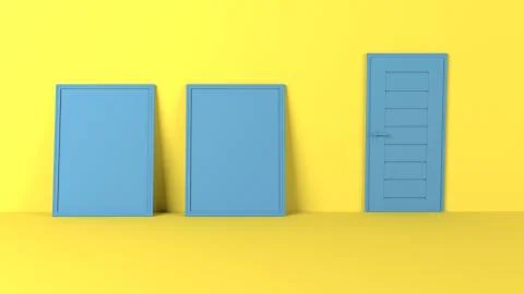 Render of 3D Blank Picture Frames on Empty Wall Illustrazione stock
