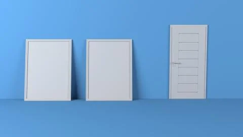 Render of 3D Blank Picture Frames on Empty Wall Stock Illustration