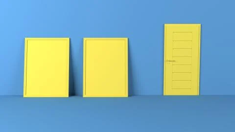 Render of 3D Blank Picture Frames on Empty Wall Stock-Illustration
