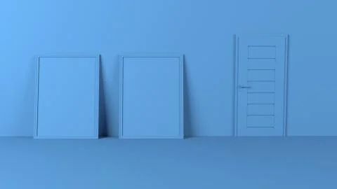 Render of 3D Blank Picture Frames on Empty Wall Stock Illustration