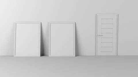 Render of 3D Blank Picture Frames on Empty Wall Stockillustratie