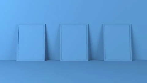 Render of 3D Blank Picture Frames on Empty Wall Illustrazione stock