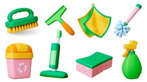 Render 3d household tools. Garbage bucket, broom and sponge, brush an vacuum Stock Illustration