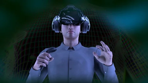 Render 3D Man Wearing VR Headset. Using Gestures with Hands Stock Footage 89992946
