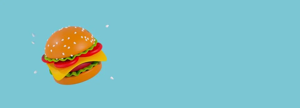 Render 3d model of a cheeseburger with flying seeds on a blue background Illustrazione stock