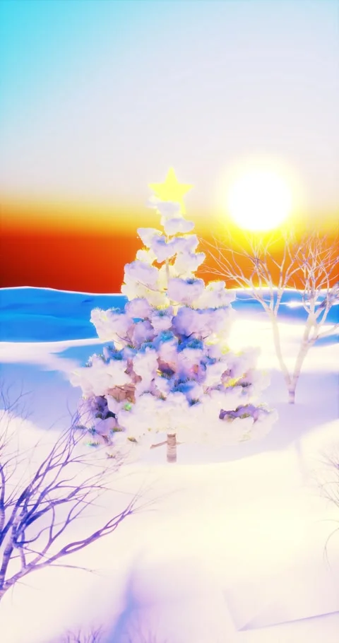 Render animation 3d arc shot camera movement Snow-covered tree in the cold night Stockbeeldmateriaal 281602423