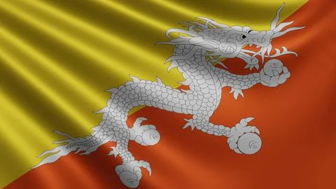 Render of the Bhutan flag flutters in the wind close-up, the national flag of Stock Illustration