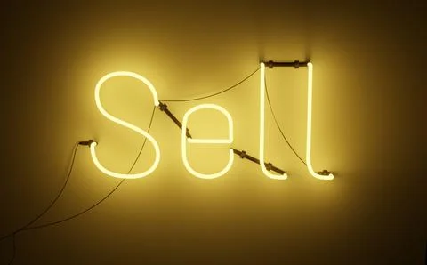 Render of a bright bright neon sign with Sell in yellow inscription indicating Stock Illustration