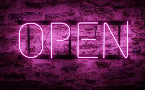 Render of a bright neon sign with an open purple caption indicating that the Illustrazione stock
