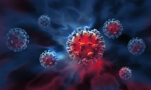 Render of the coronavirus model on a dark background. Stock Illustration