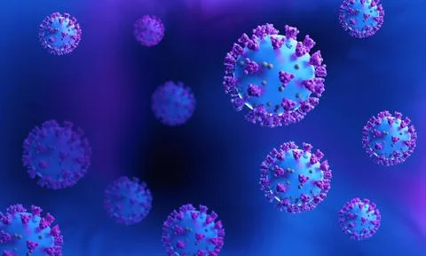 Render of the coronavirus model on a dark blue background. Stock Illustration