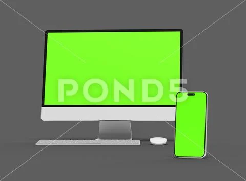 Render of desktop and phone with a green screen on a dark background ...