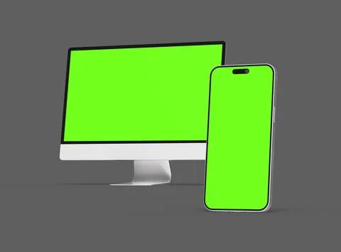 Render of desktop and phone with a green screen on a dark background. Illustrazione stock