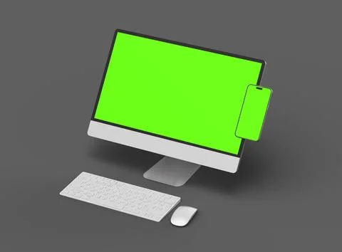 Render of desktop and phone with a green screen on a dark background. Stock Illustration