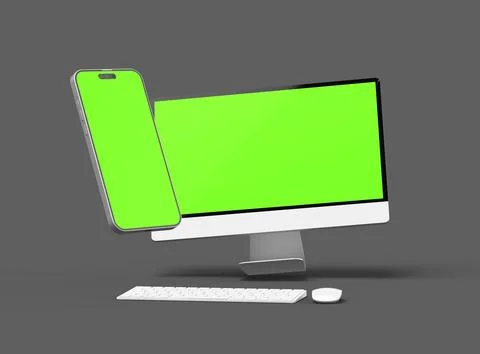 Render of desktop and phone with a green screen on a dark background. Stock Illustration