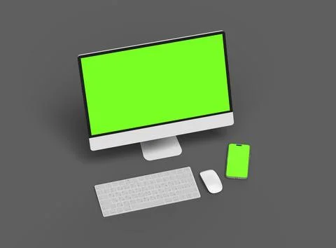 Render of desktop and phone with a green screen on a dark background. Stock Illustration
