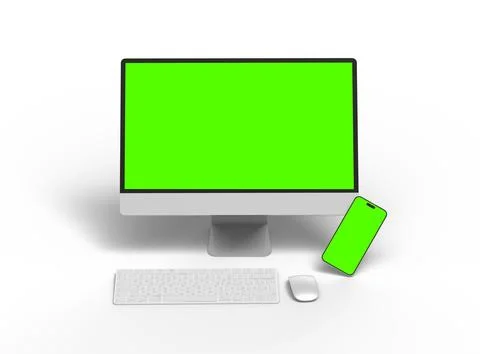 Render of desktop and phone with a green screen on a light background. Illustrazione stock