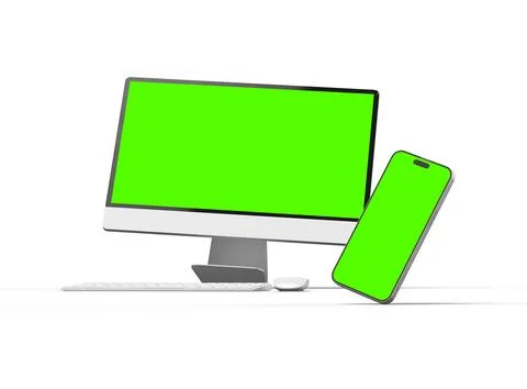 Render of desktop and phone with a green screen on a light background. Stock Illustration