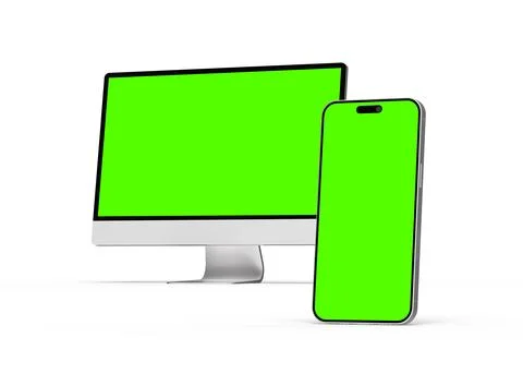 Render of desktop and phone with a green screen on a light background. Illustrazione stock