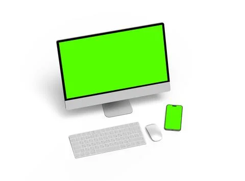 Render of desktop and phone with a green screen on a light background. Illustrazione stock
