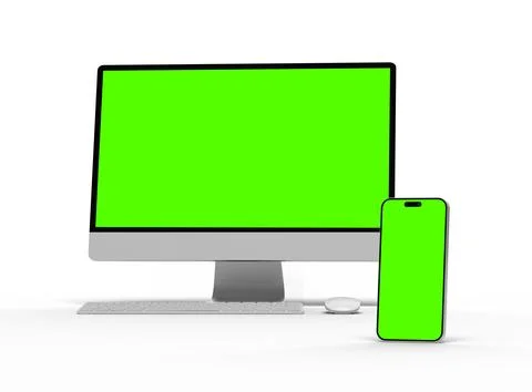 Render of desktop and phone with a green screen on a light background. Stock Illustration