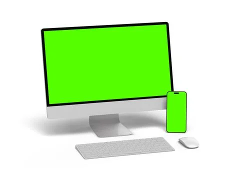 Render of desktop and phone with a green screen on a light background. Stock Illustration