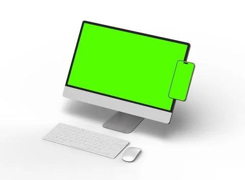 Render of desktop and phone with a green screen on a light background. Stock Illustration
