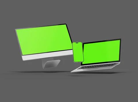 Render of desktop, laptop and smartphone with greenscreen on a dark background Stock Illustration