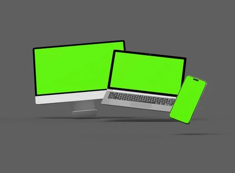 Render of desktop, laptop and smartphone with greenscreen on a dark background Stock Illustration