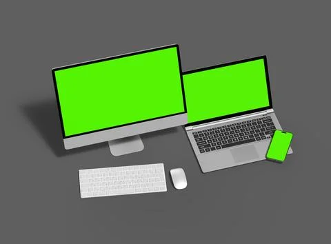 Render of desktop, laptop and smartphone with greenscreen on a dark background Stock Illustration
