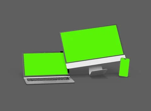 Render of desktop, laptop and smartphone with greenscreen on a dark background Stock Illustration