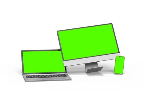 Render of desktop, laptop and smartphone with greenscreen on a light background Stock Illustration