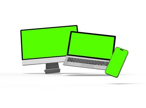 Render of desktop, laptop and smartphone with greenscreen on a light background Stock Illustration