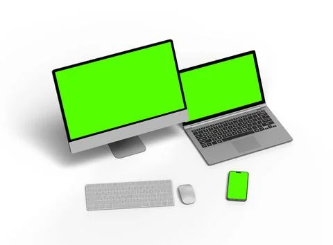 Render of desktop, laptop and smartphone with greenscreen on a light background Stock Illustration