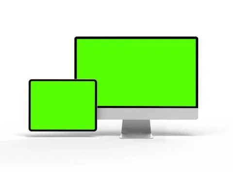 Render of a desktop PC and tablet with a green screen on a light background Illustrazione stock