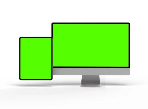 Render of a desktop PC and tablet with a green screen on a light background Stock Illustration