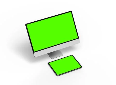 Render of a desktop PC and tablet with a green screen on a light background Stock Illustration