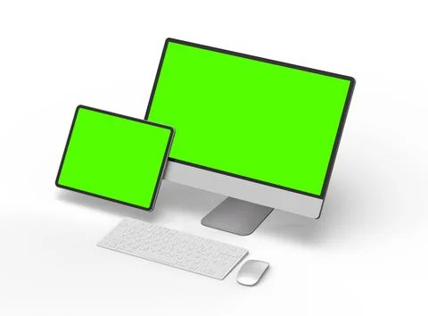 Render of a desktop PC and tablet with a green screen on a light background Stock Illustration